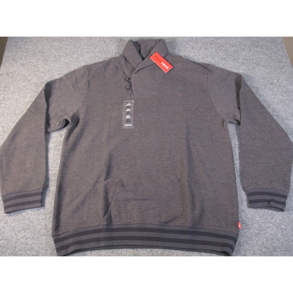 IZOD Mens Shawl Collar Sweatshirt Charcoal Gray Fleece Pullover XL NWT #2254‎
